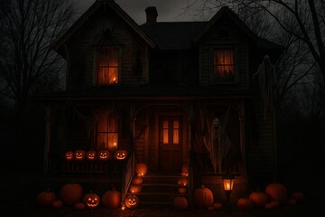 A spooky, gothic-style house is illuminated by the warm glow of classic lanterns, set against a backdrop of eerie mist and twisted, leafless trees