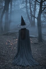Fototapeta premium Dark enchanted woodland with witch silhouette, smoky haze and glowing ground. Storybook fantasy artwork for branding, wall art or printable design.