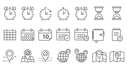 Time and Location Icon Set – Clocks Calendars Maps and Navigation Symbols