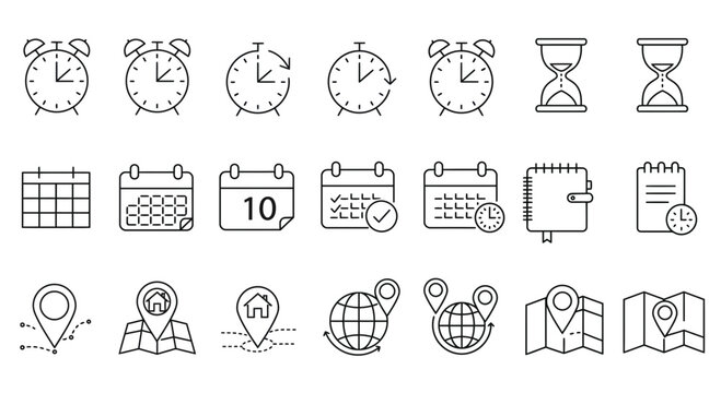 Time and Location Icon Set – Clocks Calendars Maps and Navigation Symbols