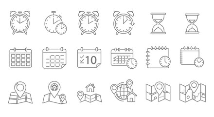 Time and Location Icon Set – Clocks Calendars Maps and Navigation Symbols