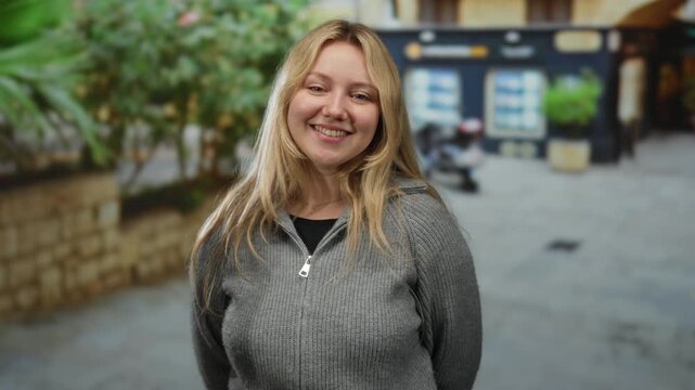 Young blonde woman smiling in city street, wearing grey sweater with outdoor urban background showcasing vibrant greenery and building.