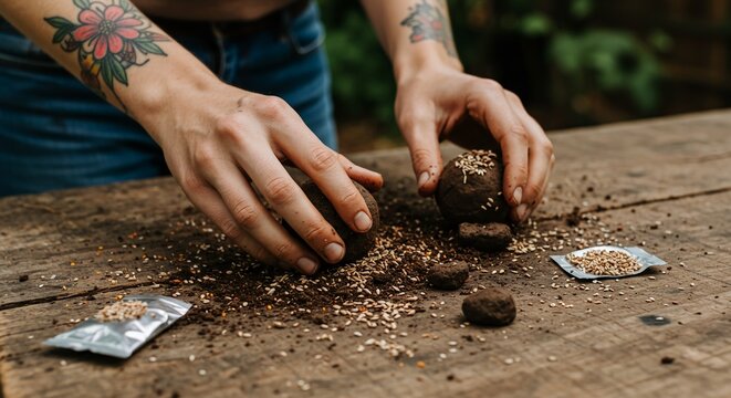 Creating biodegradable seed bombs by mixing wildflower seeds clay and compost on rustic surface representing guerrilla gardening environmental activism and urban rewilding movement