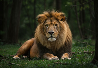 Obraz premium A magnificent male lion with a striking golden mane rests majestically in a lush, dark forest, embodying the raw power and serene beauty of African wildlife in its natural habitat