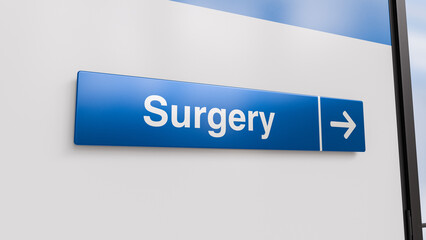 A Blue Surgery Sign With an Arrow in a Hospital Corridor