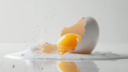Top-down shot of a cracked egg with yolk and white splattered.