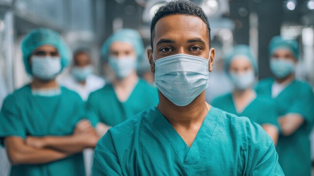 confident multiethnic male nurse in front of his medical team looking at camera wearing face mask during covid19 outbreak happy and proud indian young surgeon standing in front of his colleagues no l