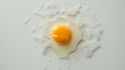 Top-down shot of a cracked egg with yolk and white splattered.