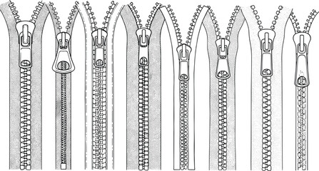 Hand-Drawn Zipper Collection Vector Illustration, Detailed Set of Open and Closed Fasteners, Clothing Design Elements, Sewing, and Fashion Industry.