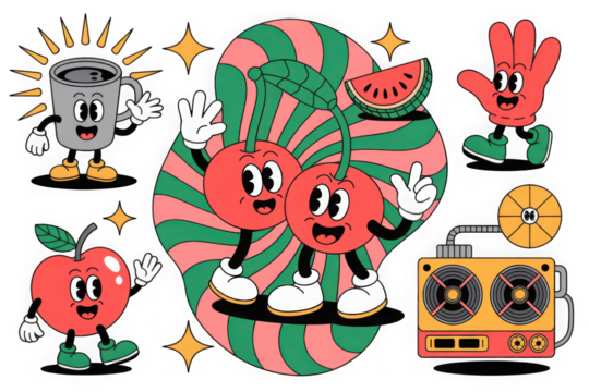 Retro cartoon characters of fruits and objects isolated on transparent background