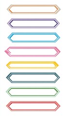 Ten colorful, horizontally-oriented, hexagonal-ended banners with a double-line border, stacked vertically