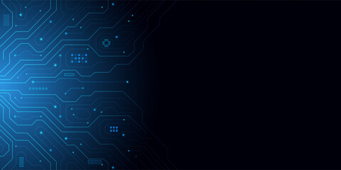 Technology web banner, circuit blue board texture on dart background, futuristic processor pattern, glowing AI chip tech backdrop