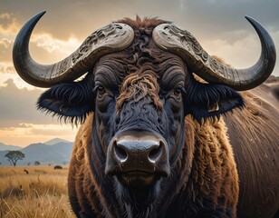 Close-up of a buffalo's head at sunset