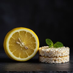Lemon Half and Healthy Puffed Grain Snack with Mint.