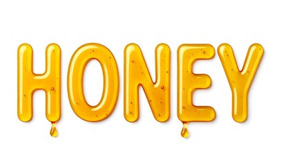 Golden honey text drips on white background