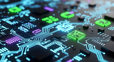 closeup of a futuristic circuit board with neon lights