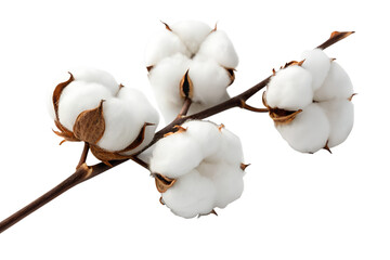Close-up shot of fluffy cotton bolls on a branch against a white background, perfect for illustrating purity, softness, and natural fiber production