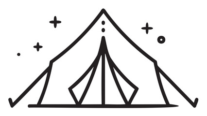 Minimalist tent drawing with stars and doodles in black and white - stock vector