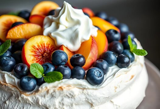 Close-up of a summer pavlova, topped with blueberries, figs, peaches & whipped cream, high-angle shot, recipe - Powered by Adobe