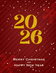 Text '2026' in large yellow numbers on a red background with snowflakes and small snow dots. New Year greeting card