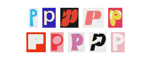 Magazine letter P cutout tiles collage set, colorful on transparent PNG
