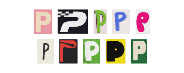 Magazine letter P cutout tiles collage set, colorful on transparent PNG
