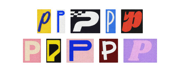 Magazine letter P cutout tiles collage set, colorful on transparent PNG
