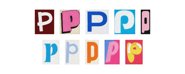 Colorful letter P collage from magazine clippings, isolated transparent PNG
