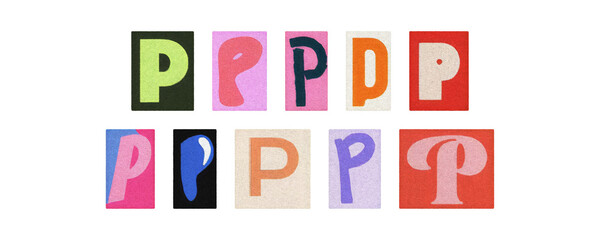 Vintage and modern letter P tiles, magazine collage on transparent PNG
