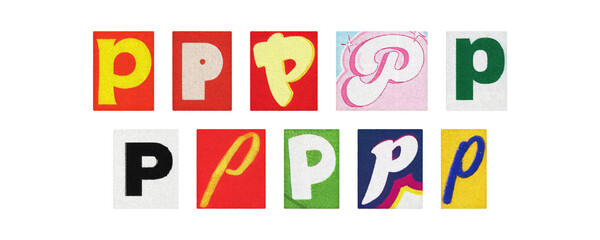 Typography letter P set in diverse styles, cutouts on transparent PNG
