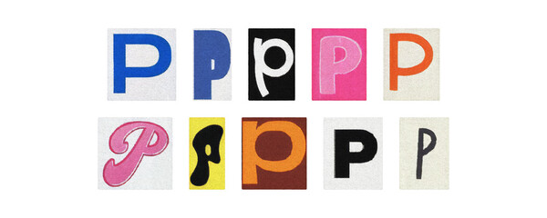 Typography letter P set in diverse styles, cutouts on transparent PNG
