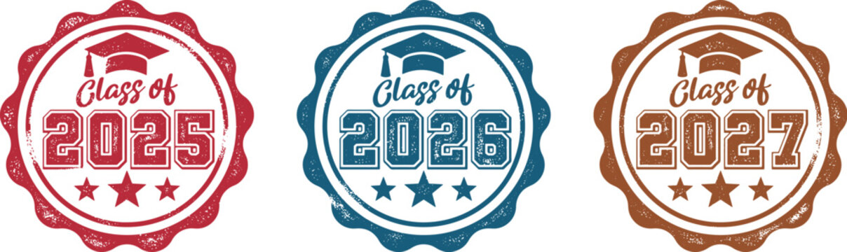 Vintage Graduation Class Rubber Stamp Set - Class of 2025, 2026, and 2027 with Hat and Star Design