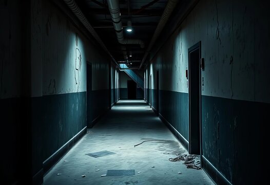 Dimly lit, damp corridor; peeling paint, rusted pipes, shadows, pipes, texture