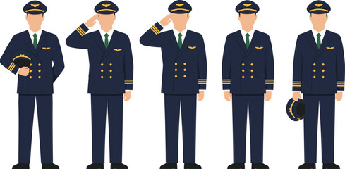 Professional Airline Pilot Vector Illustration Set, Men in Uniform Saluting, Aviation Career, Flat Design Crew, and Flight Staff Collection. © Its Marjia's World