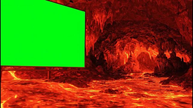 Green Screen Displayed Over Fiery Lava Cave Scene