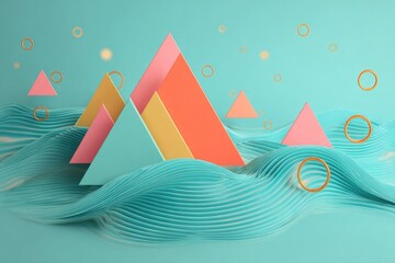 Pastel-colored triangular peaks rise from stylized turquoise waves, adorned with floating gold rings and small light orbs against a teal backdrop
