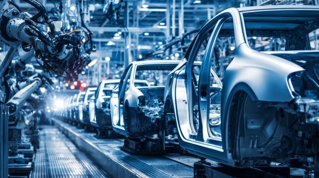 Advanced automotive manufacturing facility with robotic arms assembling car frames on a high-tech production line,