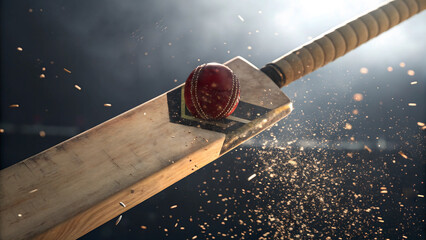 Cricket ball impacting wooden bat with splinters flying