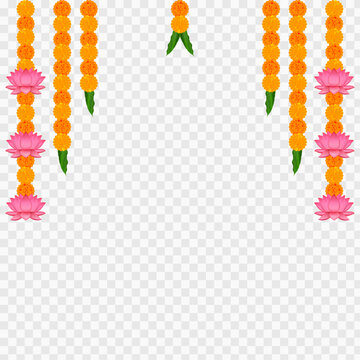 Marigold, Dhanteras. Marigold Flower. Garlands Decoration, Durga Puja, Onam. Vector marigold. Karwa Chauth. Garlands Decor, Durga Puja Sale, Frame. Ganesh Chaturthi, Border, Navratri. Saraswati puja, 