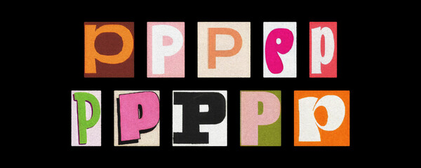 Magazine letter P cutout collage set arranged on a solid black background
