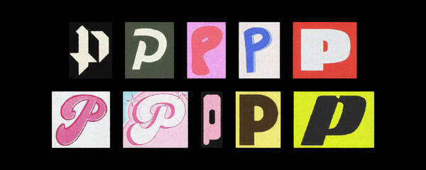 Magazine letter P cutout collage set arranged on a solid black background
