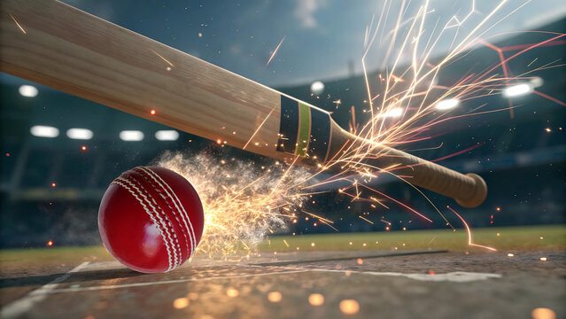 Intense cricket action bat hits ball sparks fly stadium lights - Powered by Adobe