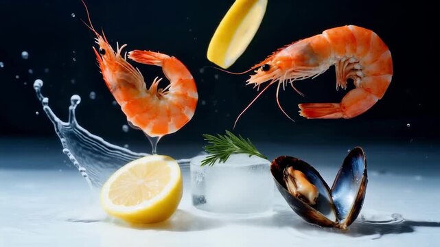 Fresh seafood with shrimp and a mussel falling with lemon slices and an ice cube, creating a dynamic water splash, representing gourmet cooking, healthy eating and the mediterranean diet