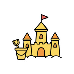 Naklejka premium Sandcastle with Bucket and Spade. This cheerful beach fortress with its little pail and digging tool represents happy childhood memories and delightful summer play.