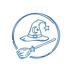 Magic Witch Hat and Broom Doodle. An arcane sorceress's attire, equipment outlined in blue. Suitable for fantasy projects or seasonal events, conveying mystery and ancient rituals.