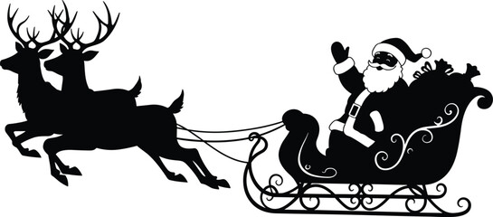 Santa Claus and Reindeer Sleigh Silhouette Vector Art, Christmas Eve Flying Sled with Presents, Holiday Design for Decals, Stencils, and Winter Season Cards