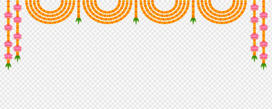 Marigold, Dhanteras. Marigold Flower. Garlands Decoration, Durga Puja, Onam. Vector marigold. Karwa Chauth. Garlands Decor, Durga Puja Sale, Frame. Ganesh Chaturthi, Border, Navratri. Saraswati puja, 