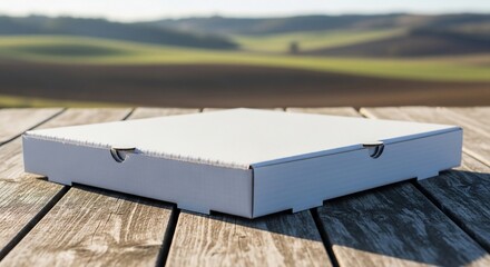 White pizza box sits on rustic wooden table with blurred green field in the distance, creating anticipation for a delicious meal in a peaceful outdoor setting.