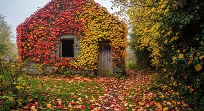 Enchanting stone cottage covered in brilliant red and yellow ivy on a foggy autumn day with a wooden door and a path covered in fallen leaves