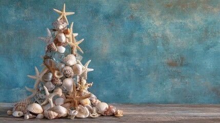 seashell symphony a coastal christmas tree made with seashells starfish on a rustic blue tabletop